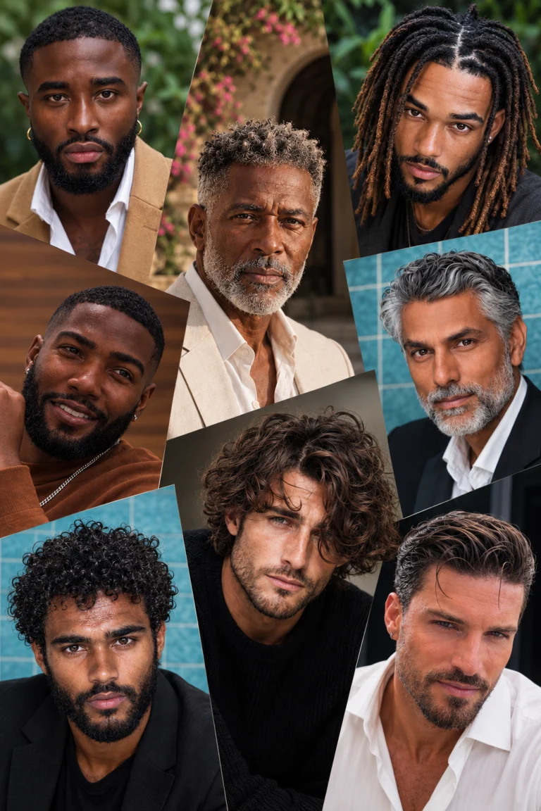 Collage illustratif de huit hommes aux textures et styles capillaires variés