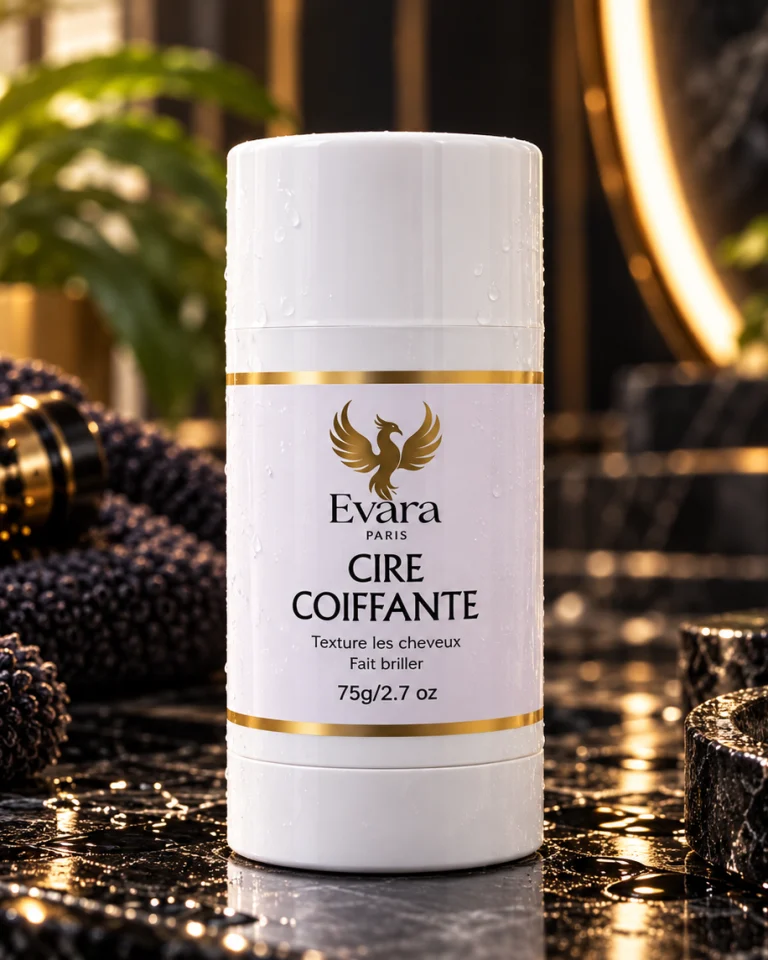 Cire coiffante EVARA en stick, flacon blanc aux bandes dorées