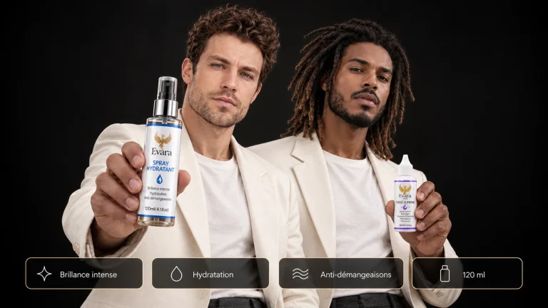 Deux hommes présentant le spray hydratant et la Colle suprême EVARA 38 ml.