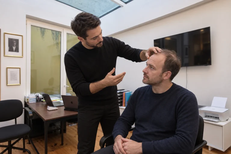 Scène illustrative d’un spécialiste observant le visage et la ligne frontale d’un homme pendant une consultation