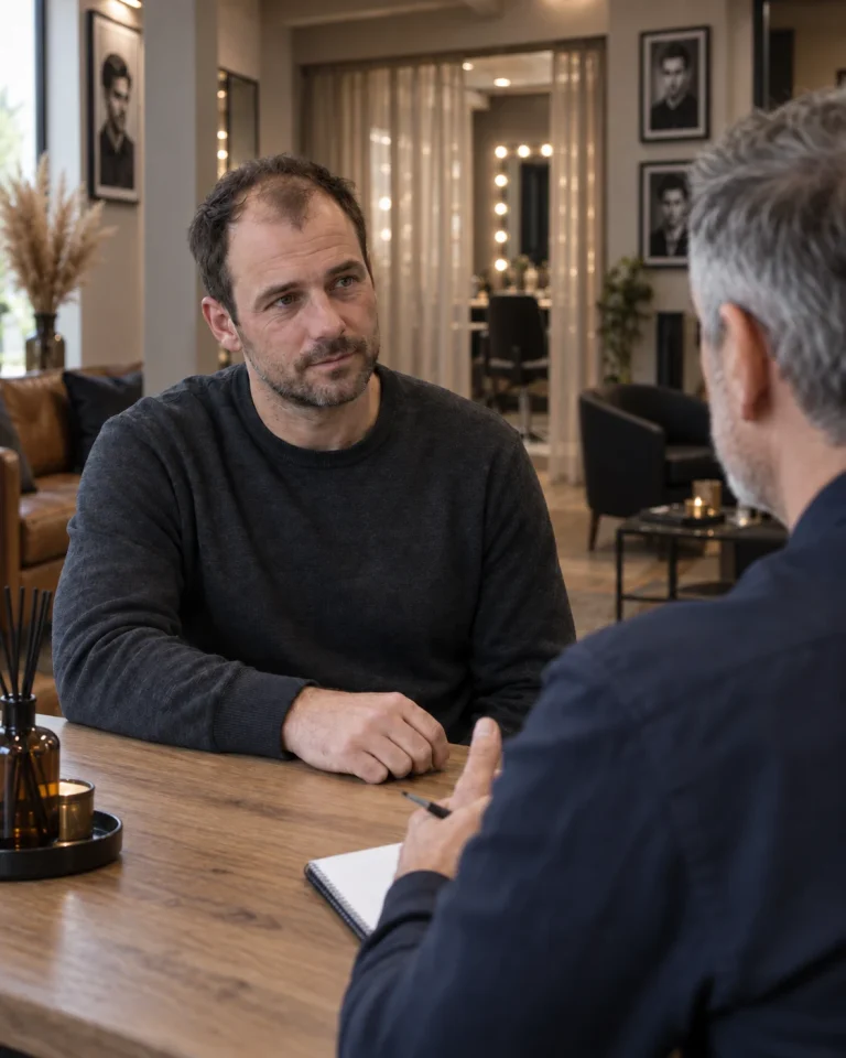 Illustration générée de l’échange : un homme discute de ses attentes avec le professionnel dans le décor du boudoir EVARA.