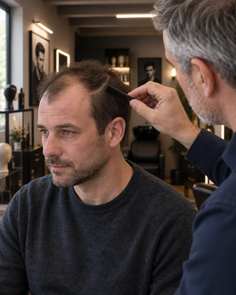 Illustration générée de la consultation : le professionnel examine au peigne les cheveux clairsemés du client dans le décor du boudoir EVARA.