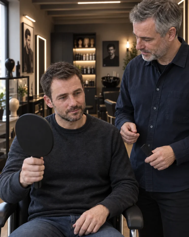 Illustration générée du suivi : le client tient un miroir pendant un échange avec le professionnel dans le décor du boudoir EVARA.