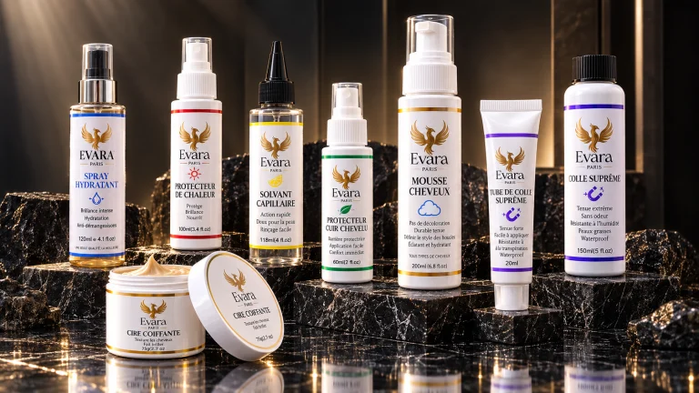 La gamme de produits de soin EVARA présentée sur un décor sombre.