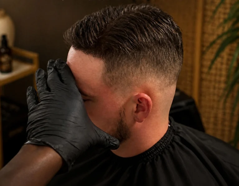 Homme caucasien avec une coiffure courte et naturelle dans un boudoir EVARA