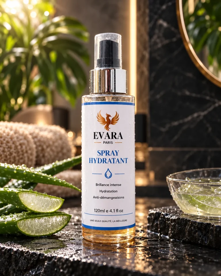 Spray hydratant EVARA 120 ml avec son étiquette complète, sur une pierre sombre avec de l’aloe vera.